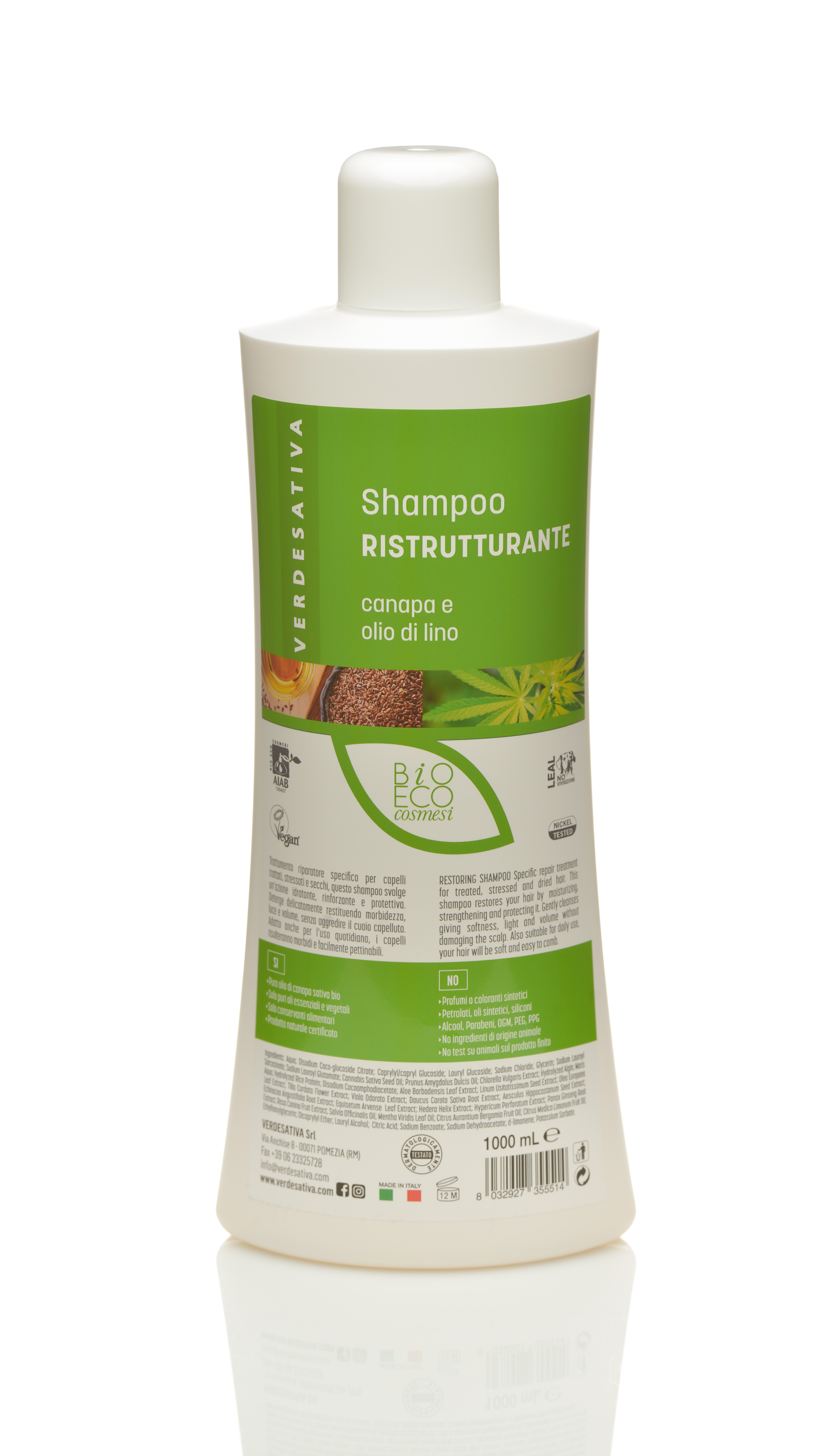 Shampoo Ristrutturante canapa e olio di lino 100% naturale e bio degradabile - 1lt